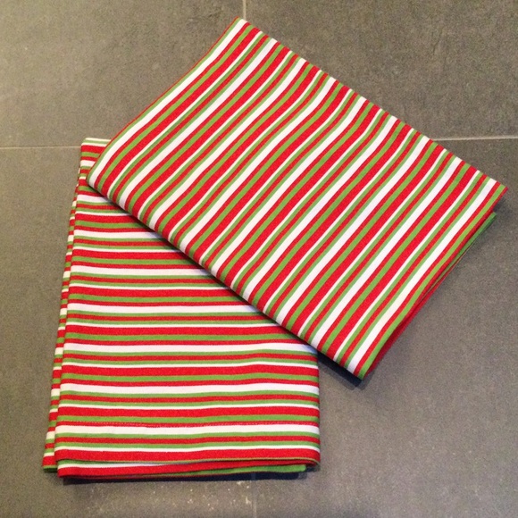 Two red, green and white striped cotton dish towels by Crate and Barrel - Picture 1 of 9